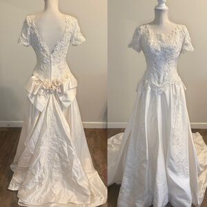 Vtg Moonlight by Carole Hai Ivory Silk Beaded Short Sleeve Wedding Gown Sz 12
